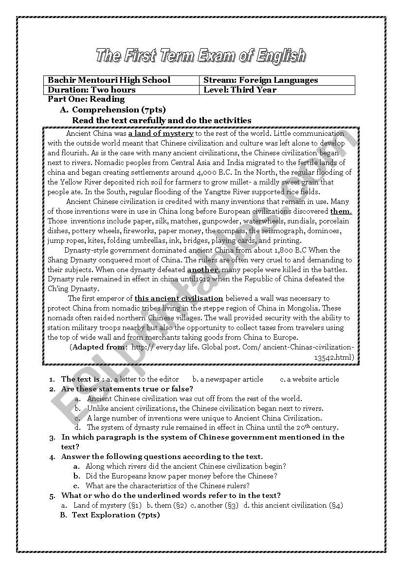 Ancient china worksheet