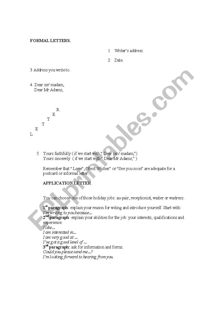 application letter worksheet