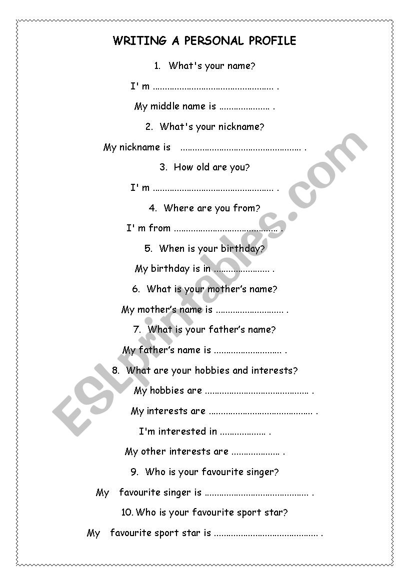 Writing a personal profile worksheet
