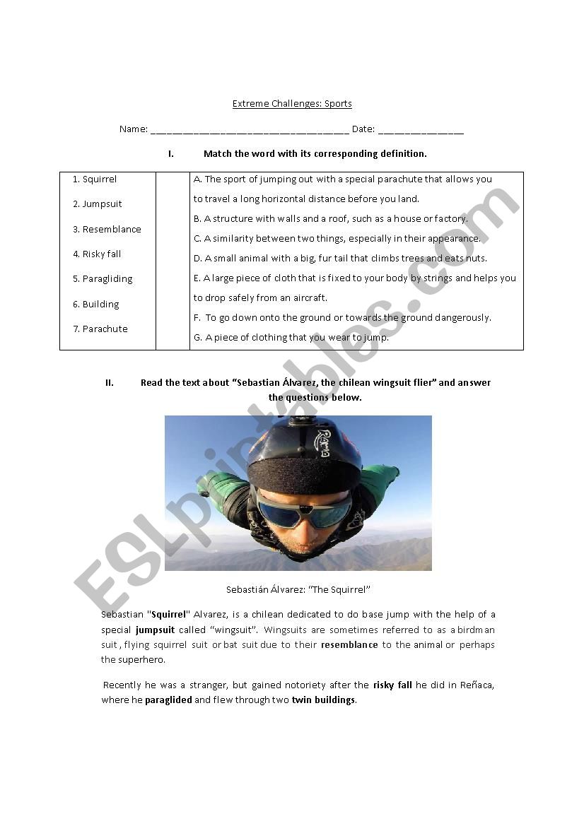 Extreme sports worksheet