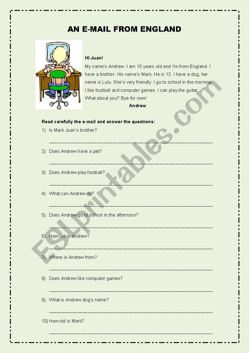 An e-mail from England worksheet