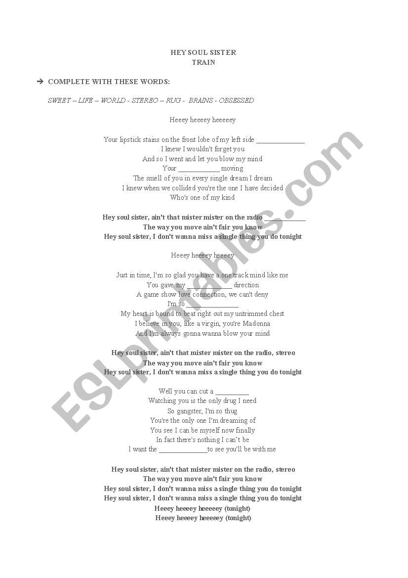 Song: Hey Soul Sister worksheet