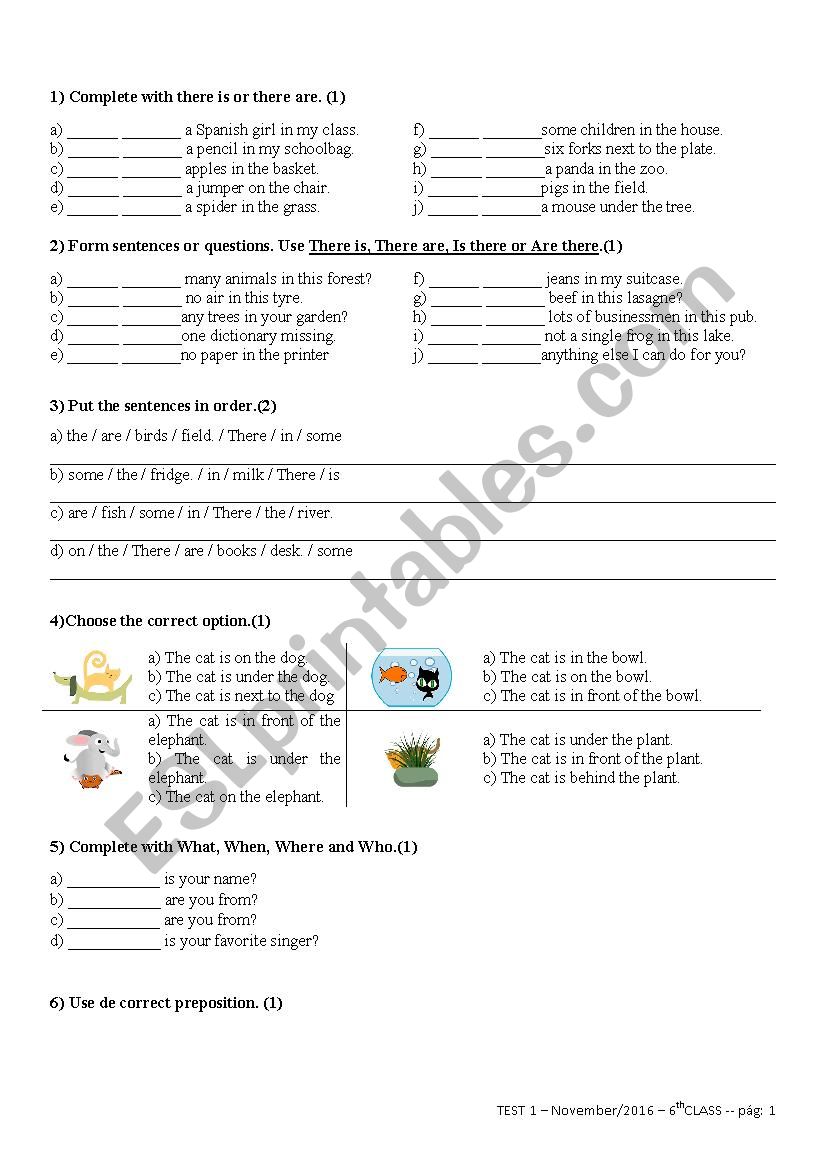 TEST 1  November/2016  6th CLASS 