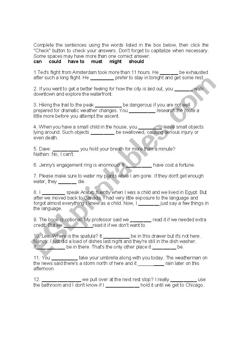 Modals worksheet