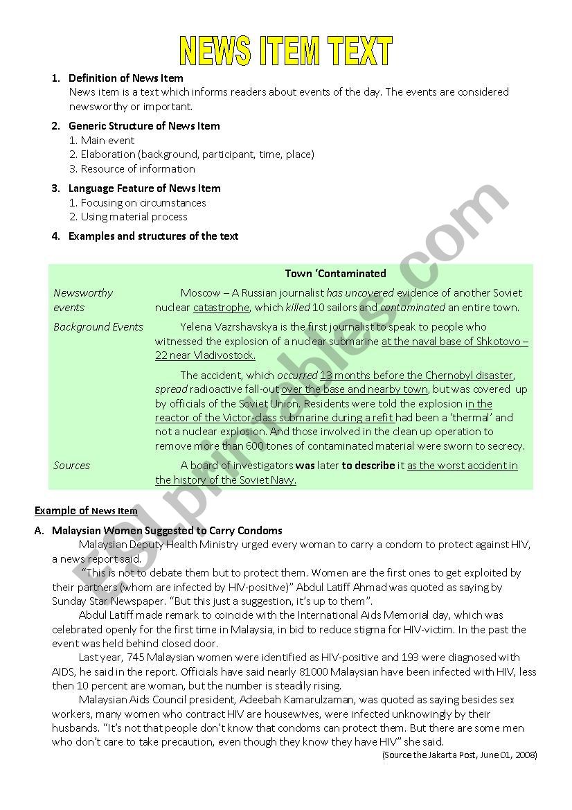 News Item Text worksheet