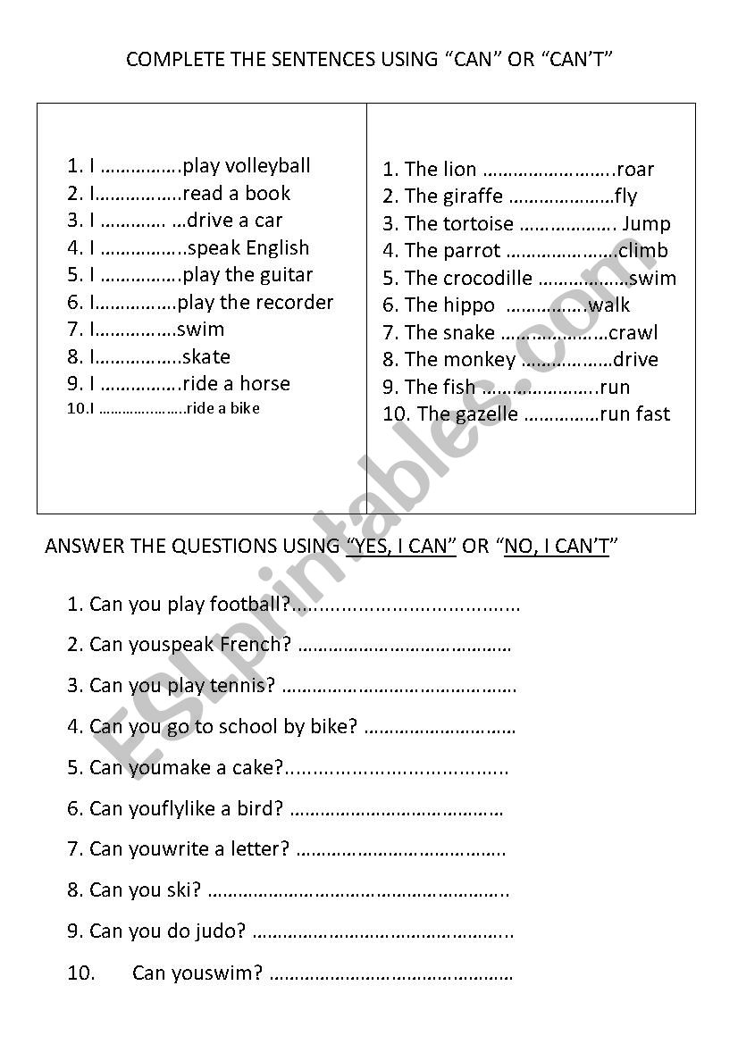 Can - Cant worksheet