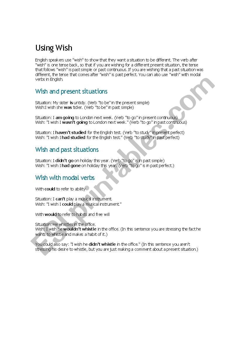 Using Wish worksheet