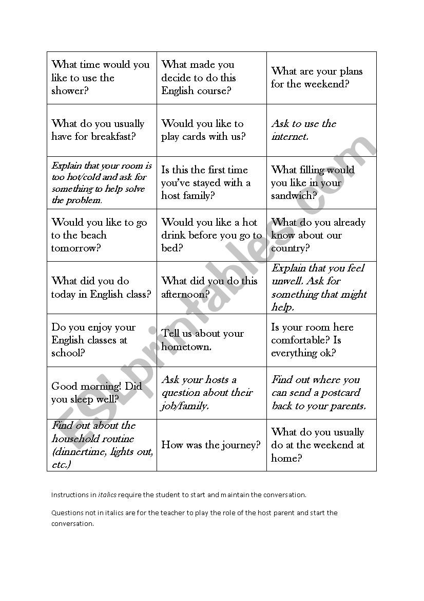 Staying with a host family (homestay) - interactions practice