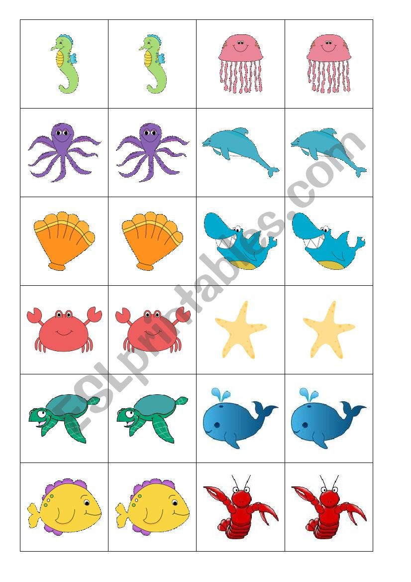 Ocean/sea animals memory game worksheet