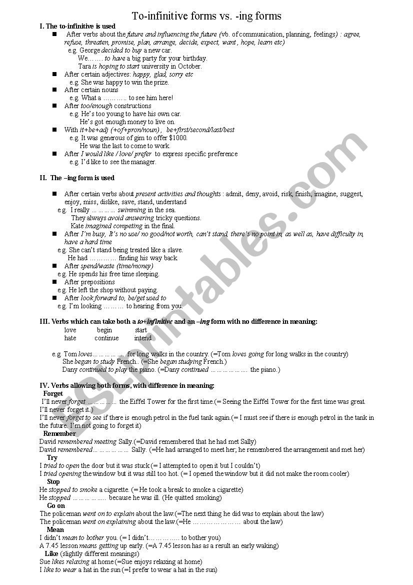 Gerund and infinitives worksheet