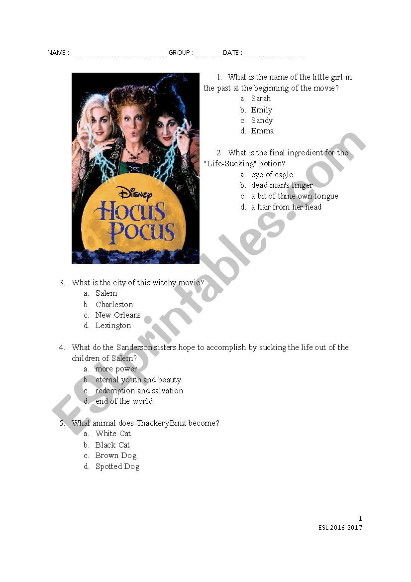 Hocus Pocus worksheet