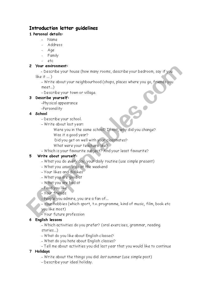 Introduction Letter worksheet