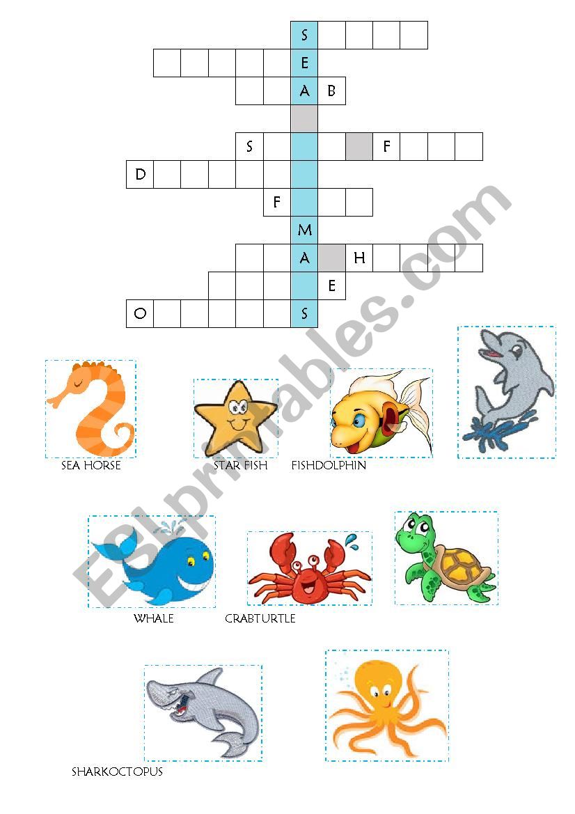 Sea animals crossword worksheet