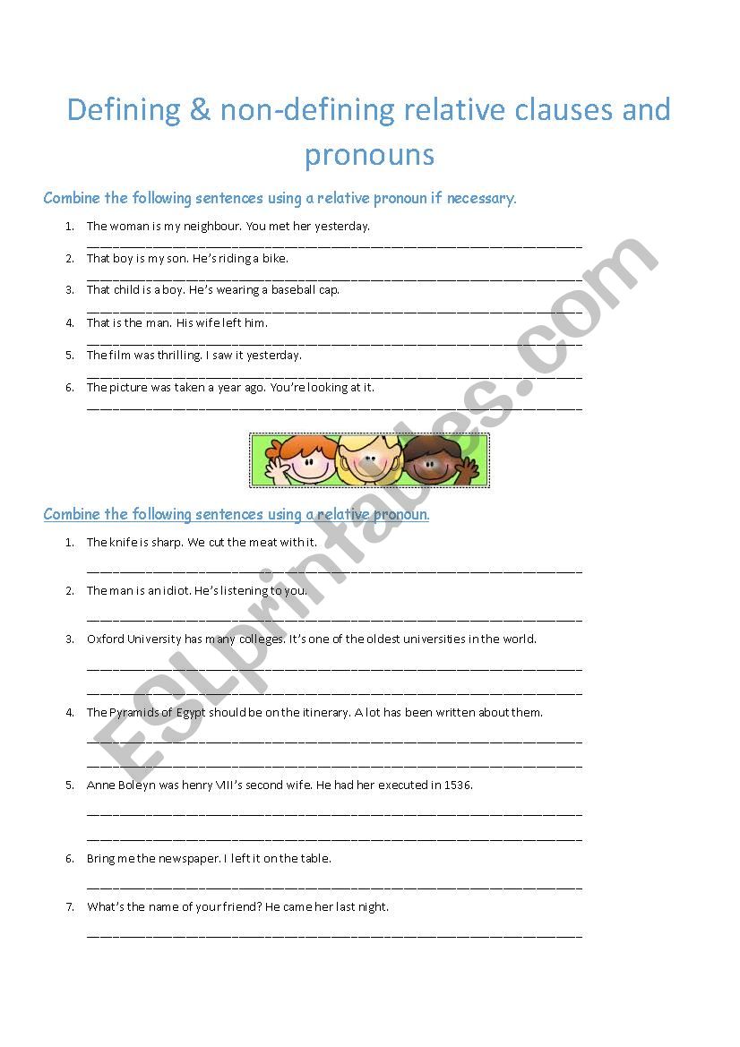 Relative pronouns - defining & non-defining relative clauses exercises