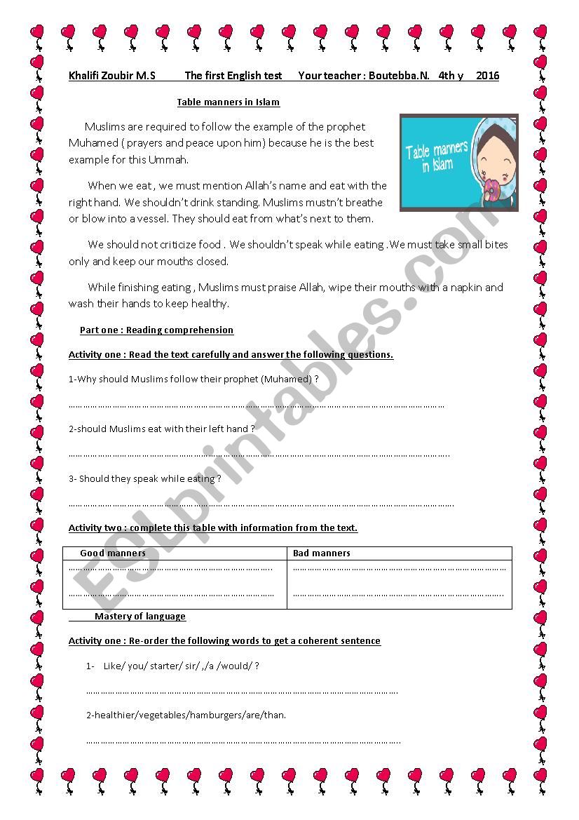 Table manners in Islam worksheet