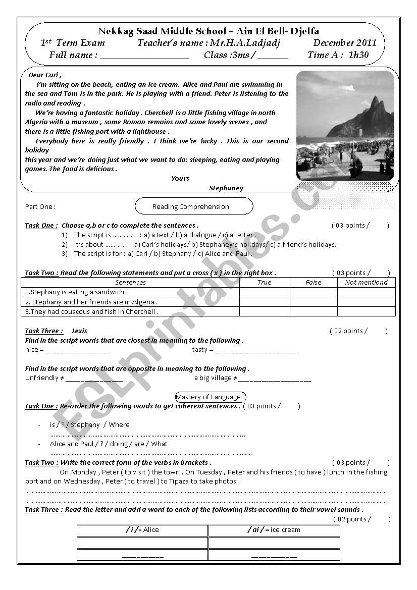 Dear Carl ,        Iâ€™m sitting on the beach, eating an ice cream. Alice and Paul are swimming in  the sea and Tom is in the park. He is playing with a friend. Peter is listening to the radio and reading 