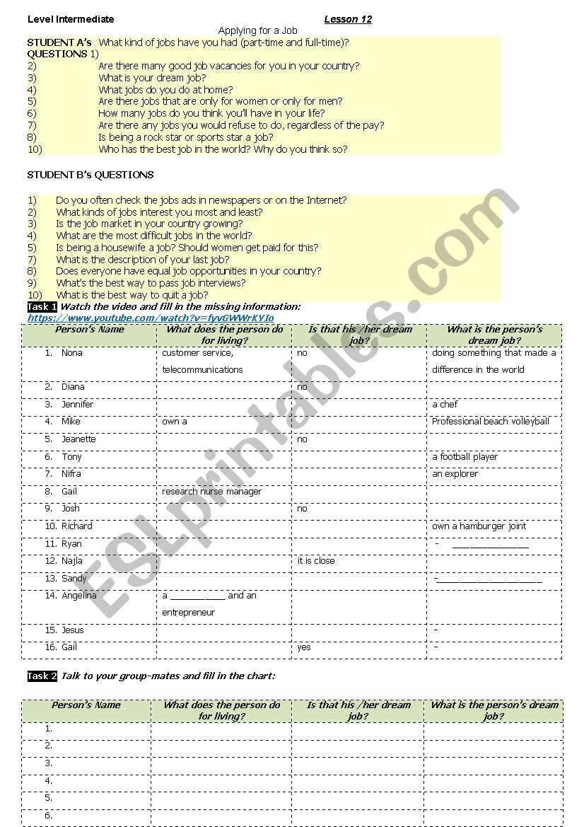 Jobs video work worksheet