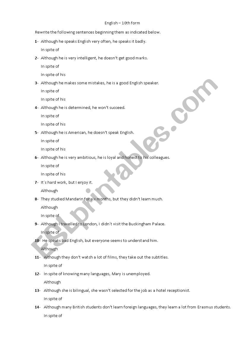 Although/In spite of worksheet Although/In spite of worksheet