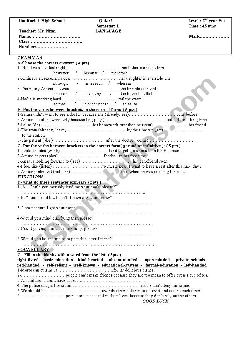 Language Test worksheet