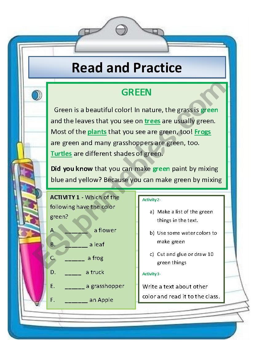 The COLOR GREEN reading worksheet