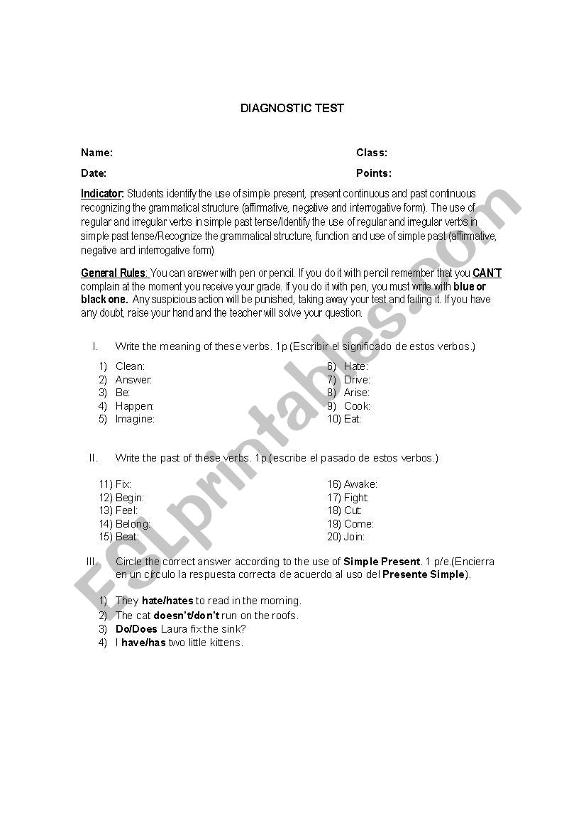 Diagnostic Test Esl Worksheet By Natati