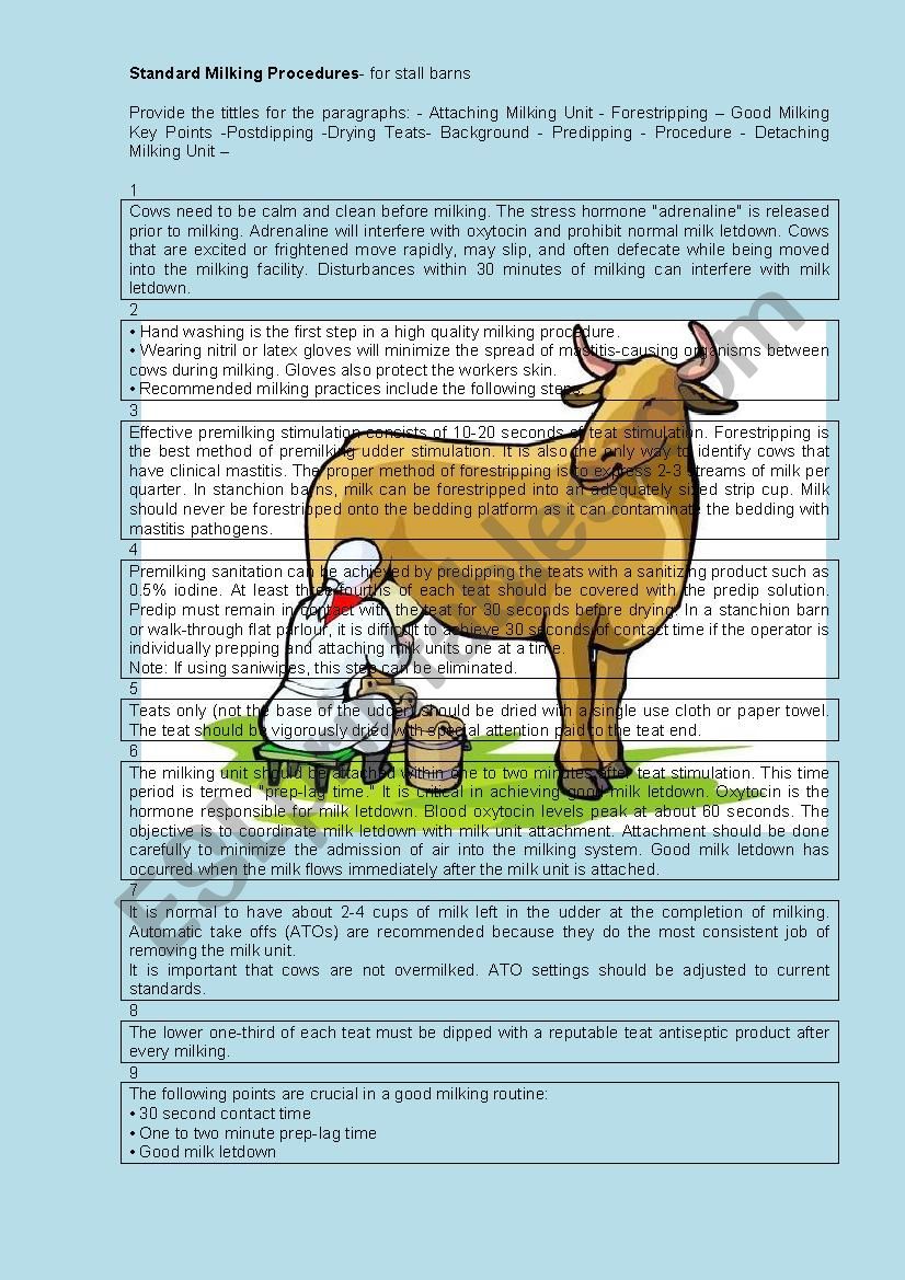Standard Milking Procedures worksheet