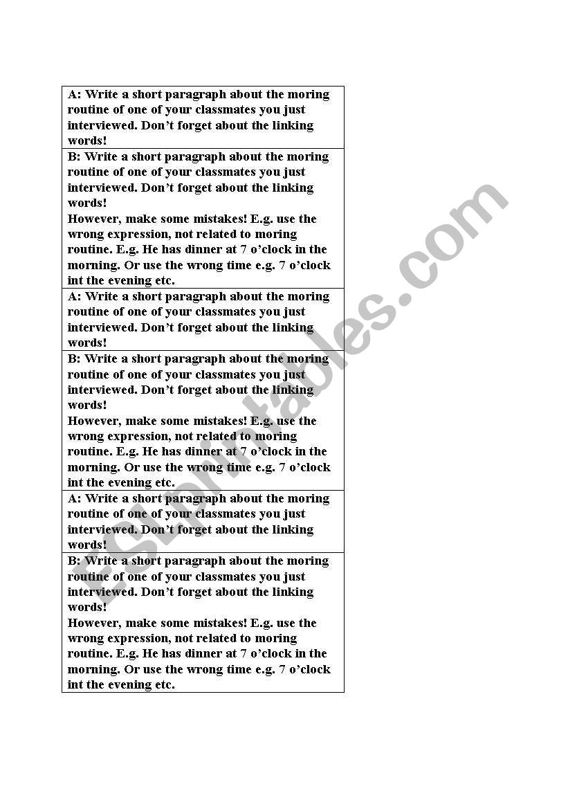 Instruction cards worksheet