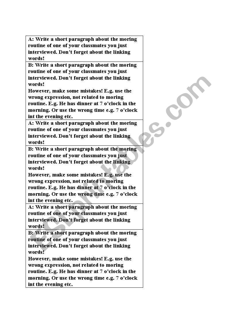 Instruction cards worksheet