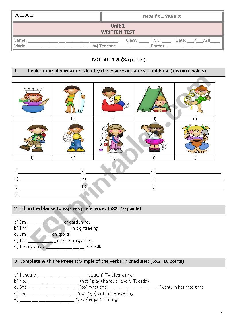 TEST ON HOBBIES worksheet