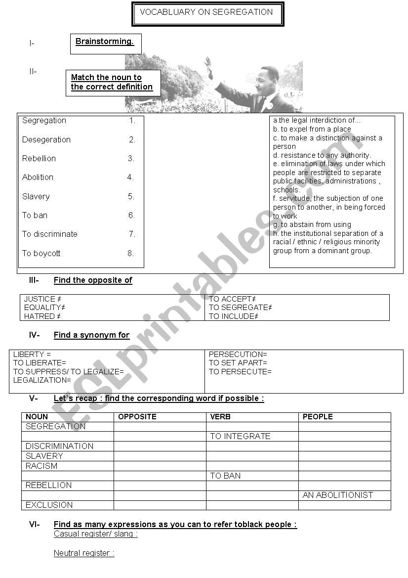 VOCABULARY ON SEGREGATION worksheet