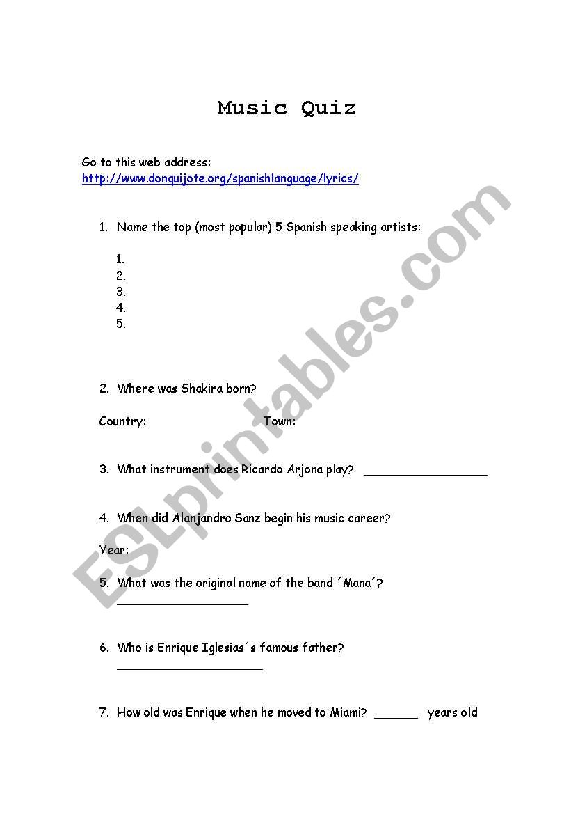 Spanish Music Quiz worksheet