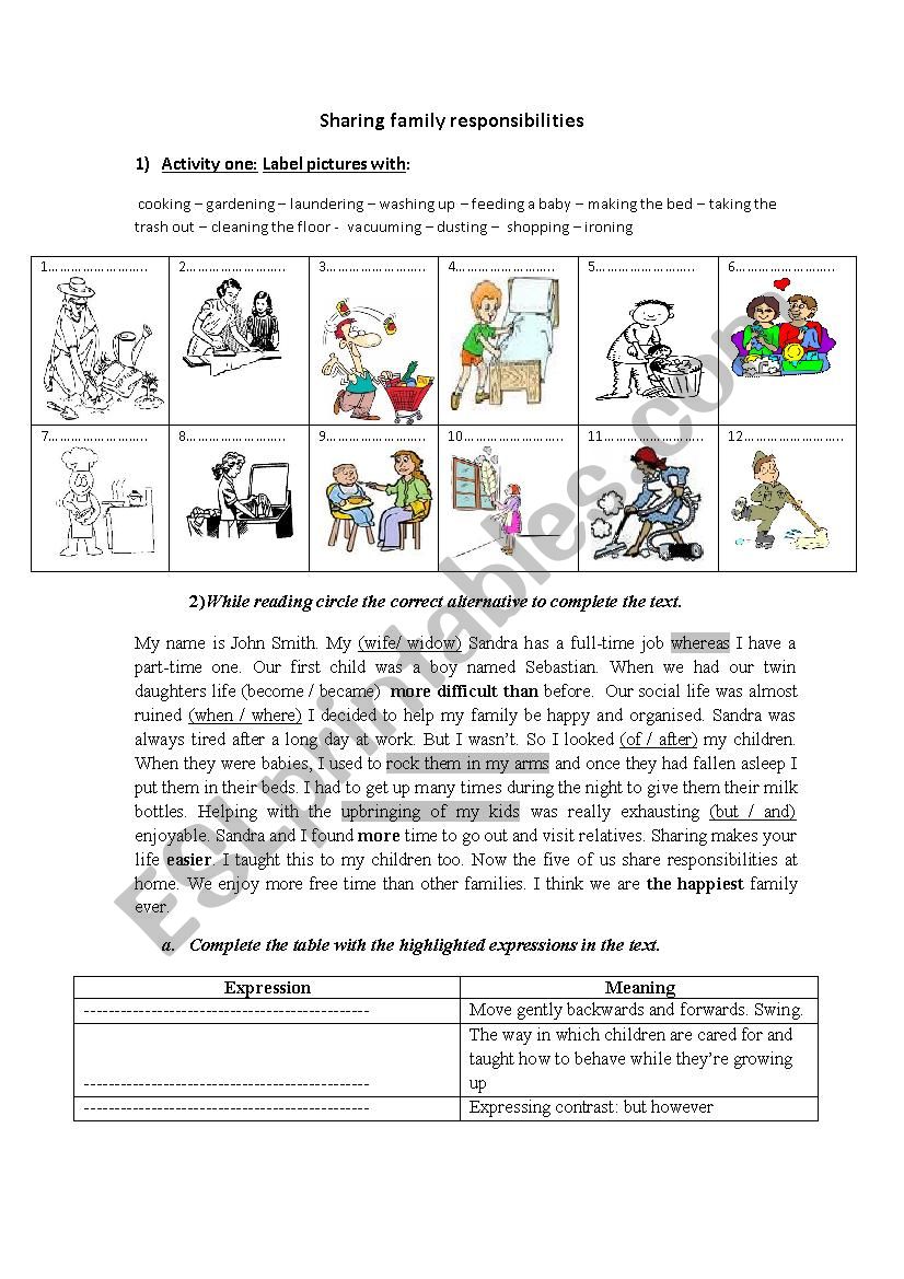 worksheet about household chores