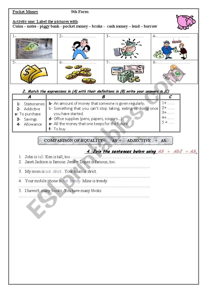 worksheet about getting pocket money