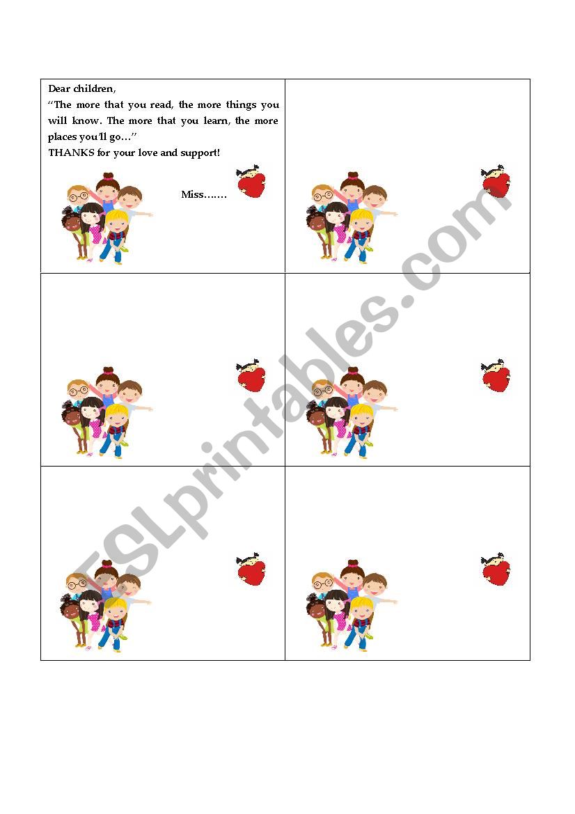 Cards for students worksheet