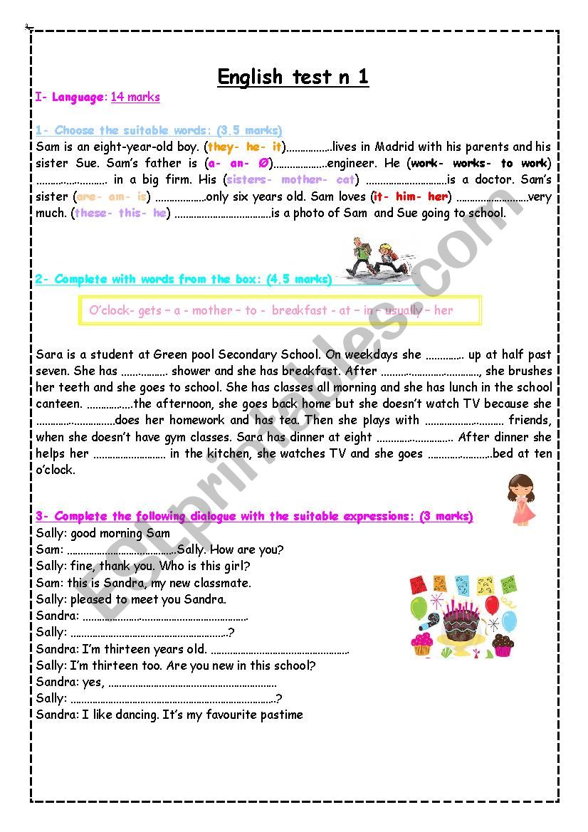 english test n  1 worksheet