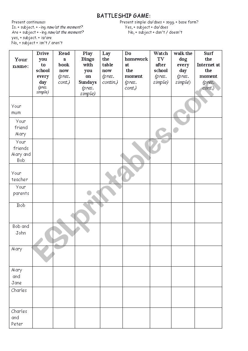 BATTLESHIP - PRESENT TENSES worksheet