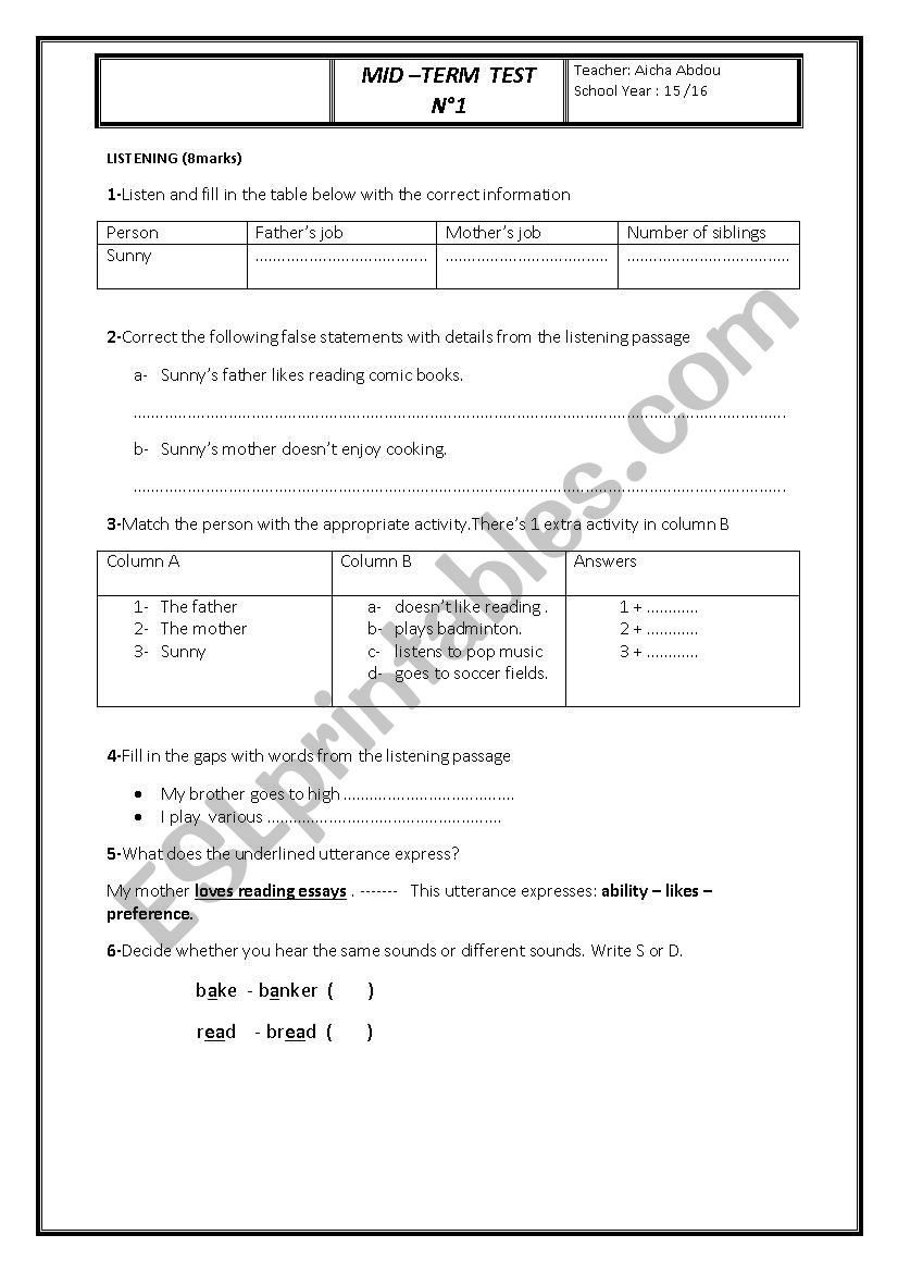 MID-TERM TEST N1 FIRST FORM worksheet