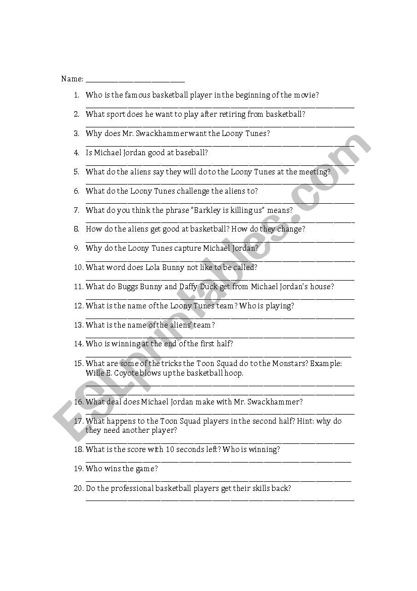 Space Jam Movie Questions worksheet