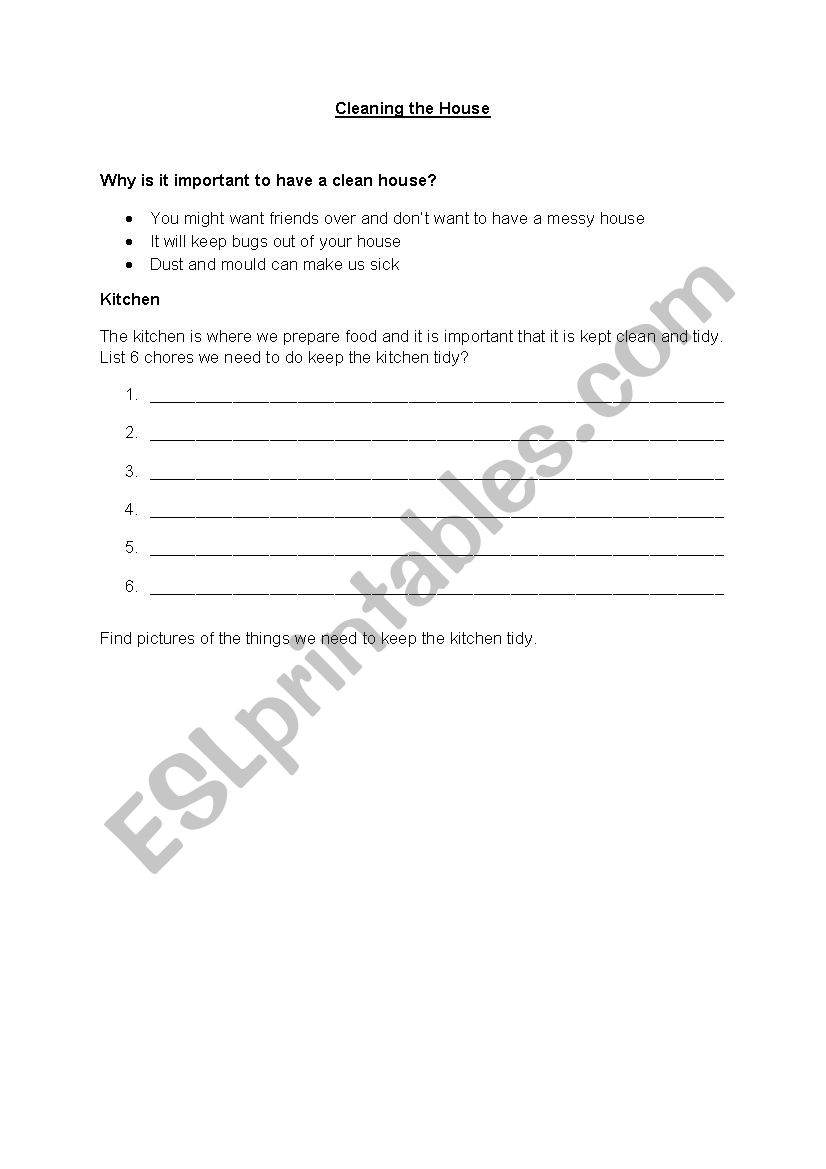 Cleaning the House Worksheet worksheet