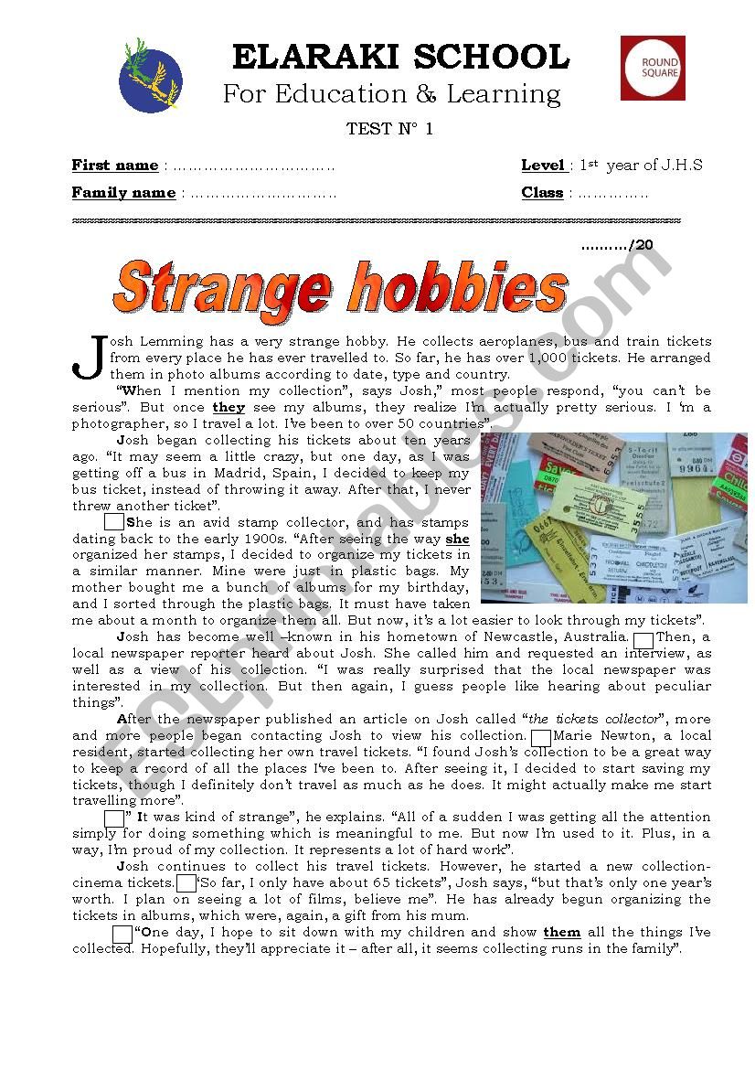 strange hobbies worksheet
