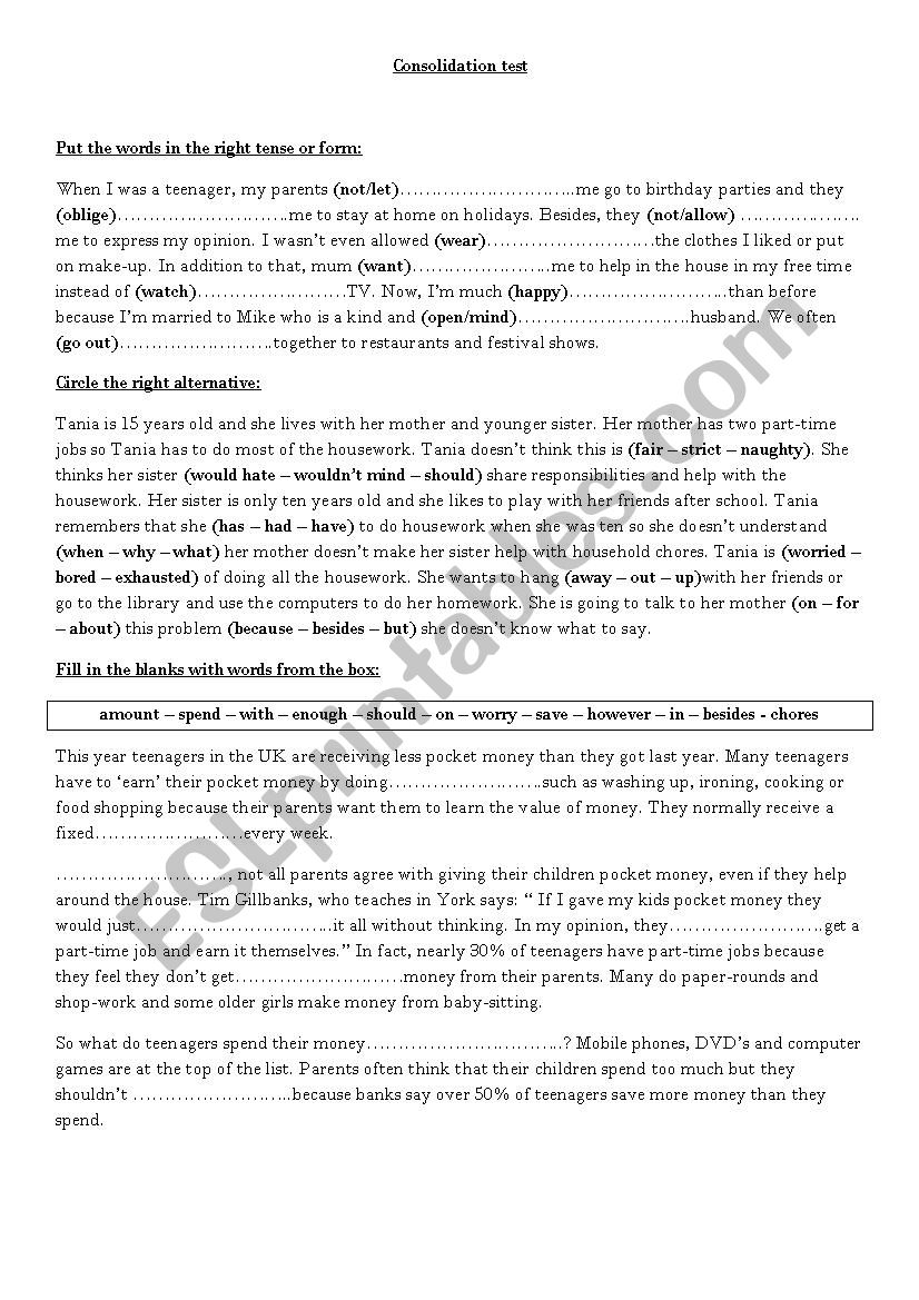 Consolidation 9th form  worksheet