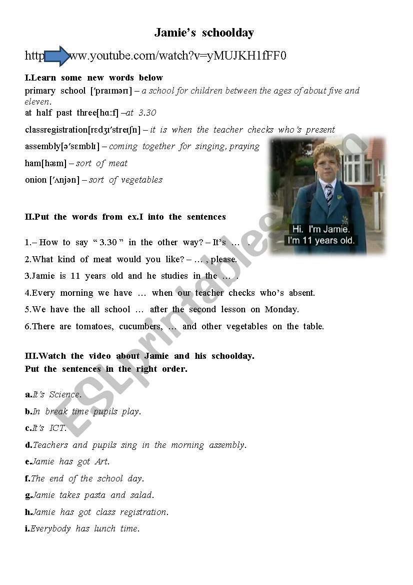 Jamies school day worksheet