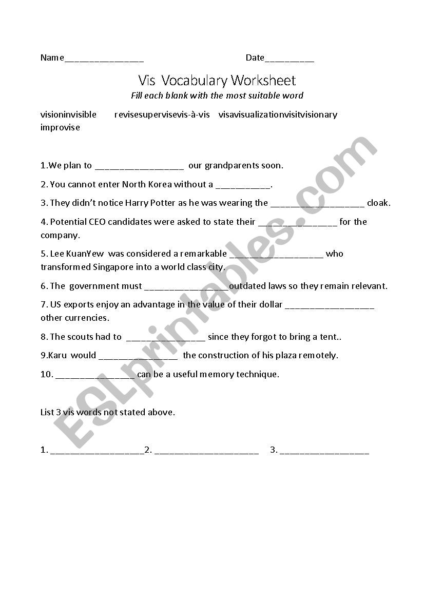 Root word vis vocab worksheet with answers