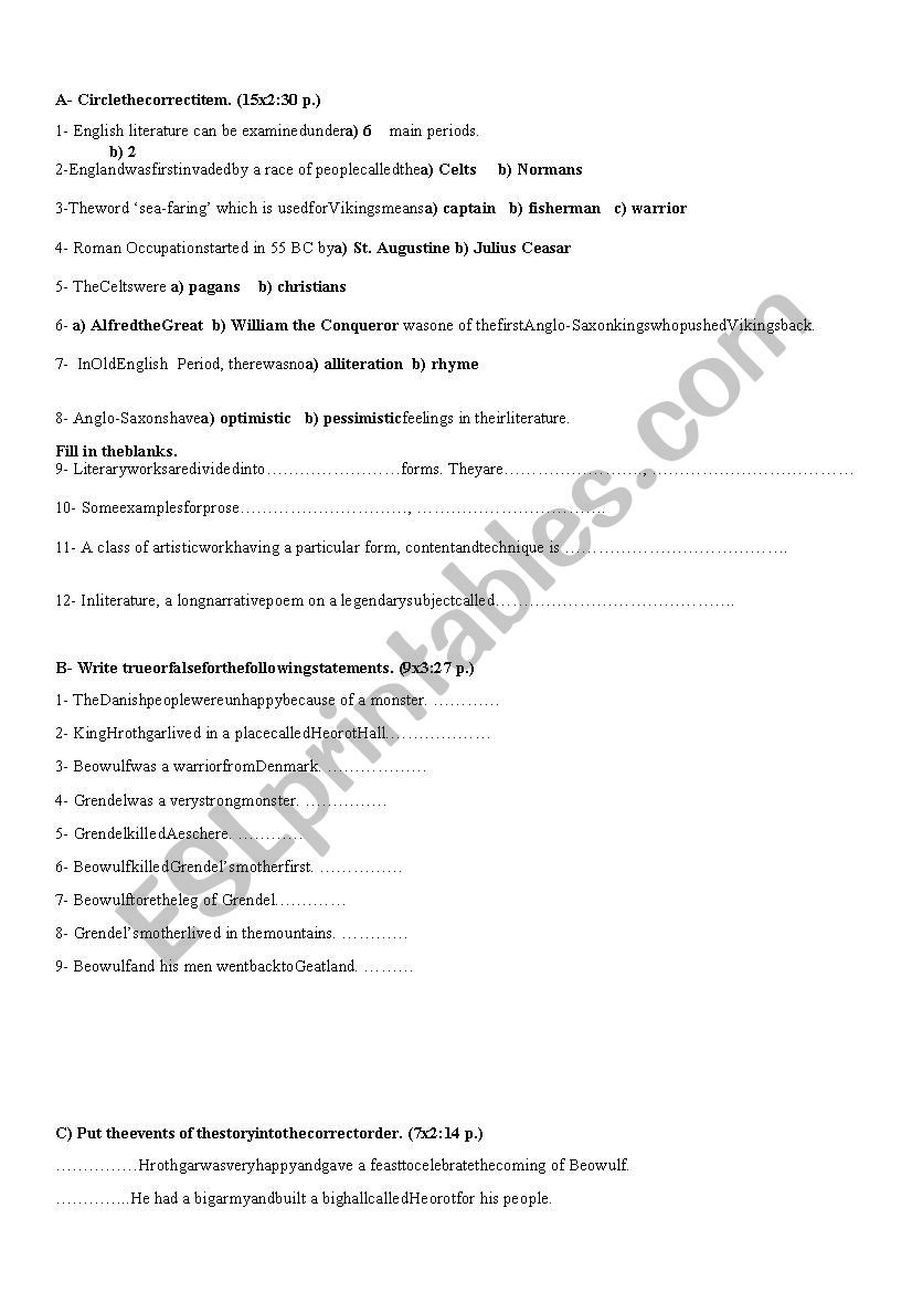 English literature worksheet