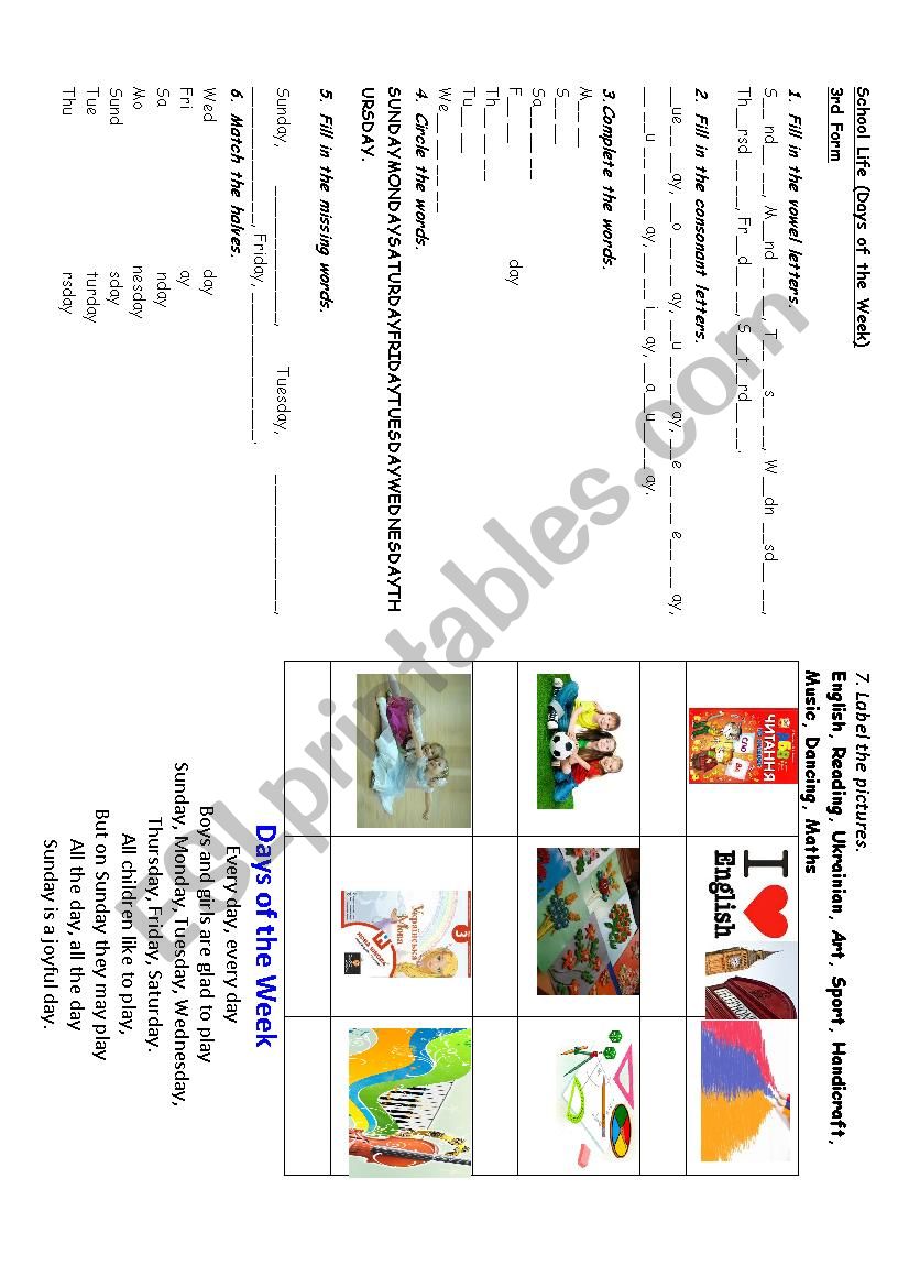 days of week/lessons worksheet