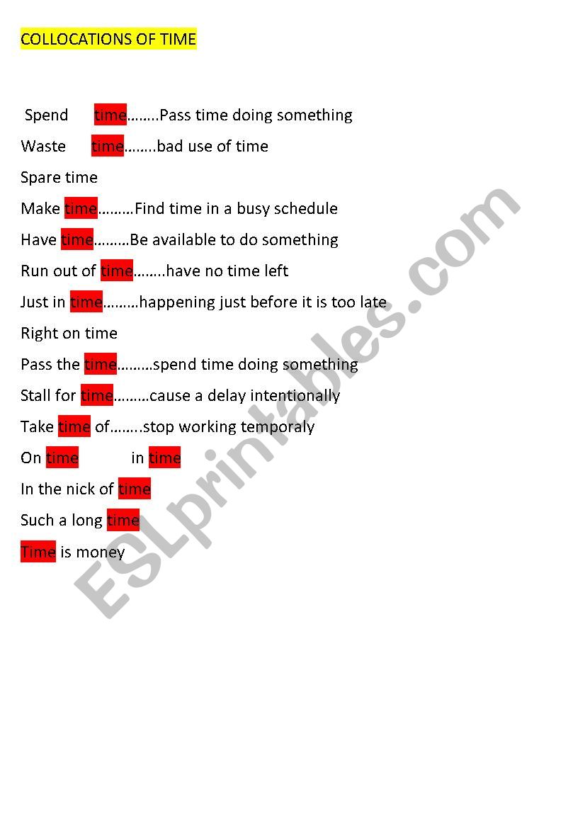 collocations of time worksheet