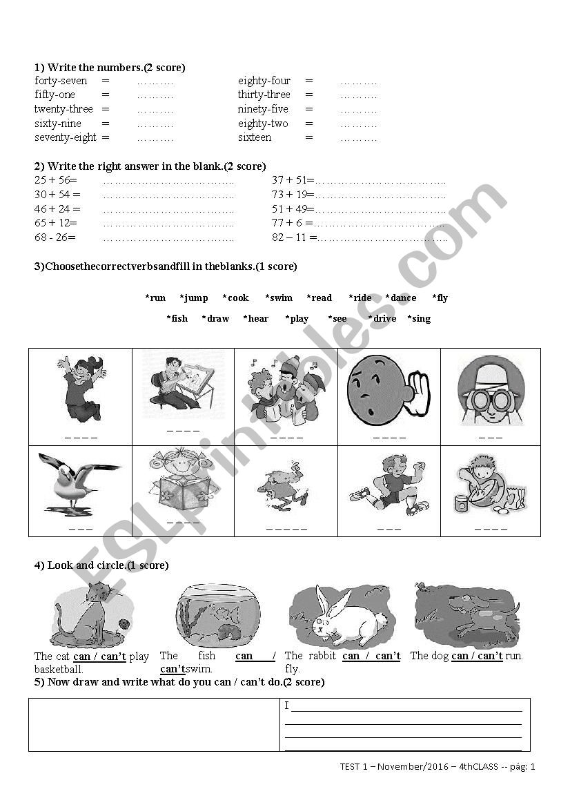 TEST 1 – November/2016 – 4th CLASS - ESL worksheet by rodrigopaulo