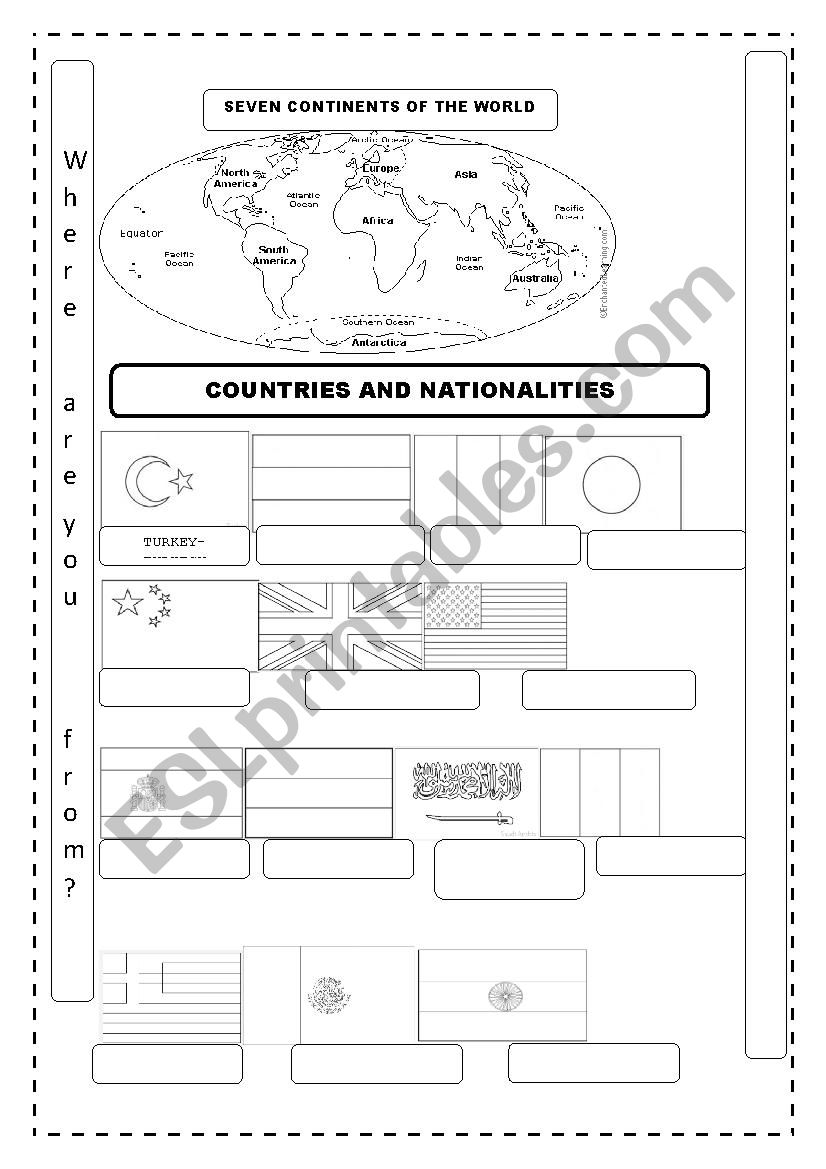 countries,nationalities, 7 contnents and flag colorng