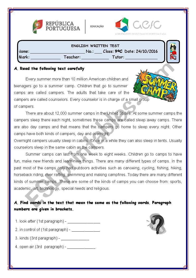 test - Summer Camps worksheet