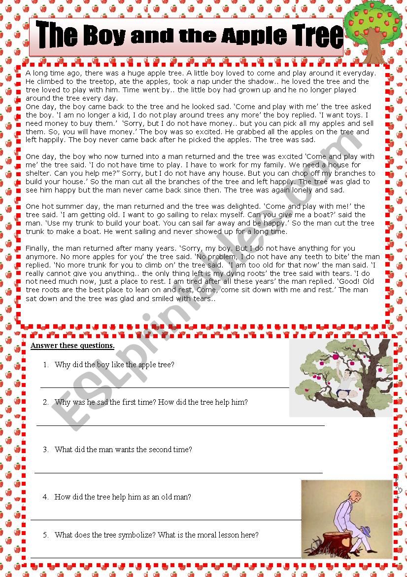 The boy and the apple tree worksheet